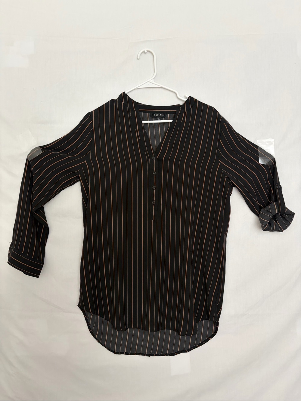 TIMING Women Black Brown Striped Roll Tab Long Sleeve V-Neck Blouse Sz L(A861)